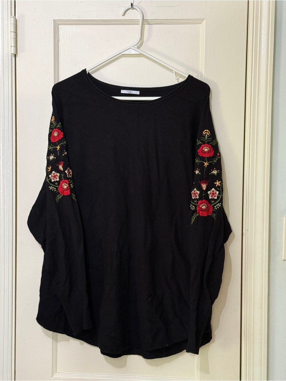 Black Long-Sleeve Tee with Red Floral Embroidery